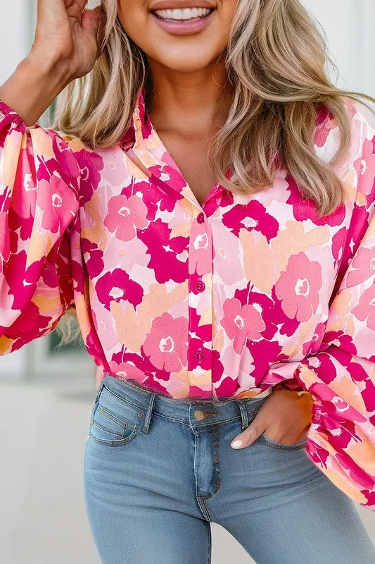 Blooming Floral Print Puff Sleeve Buttoned Shirt sold by Charming Charlie