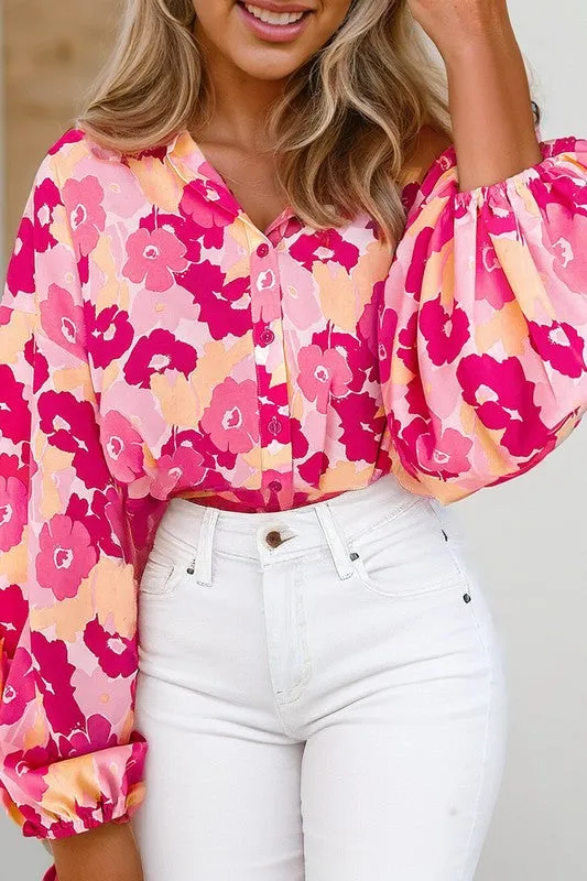 Blooming Floral Print Puff Sleeve Buttoned Shirt sold by Charming Charlie product image thumbnail 2