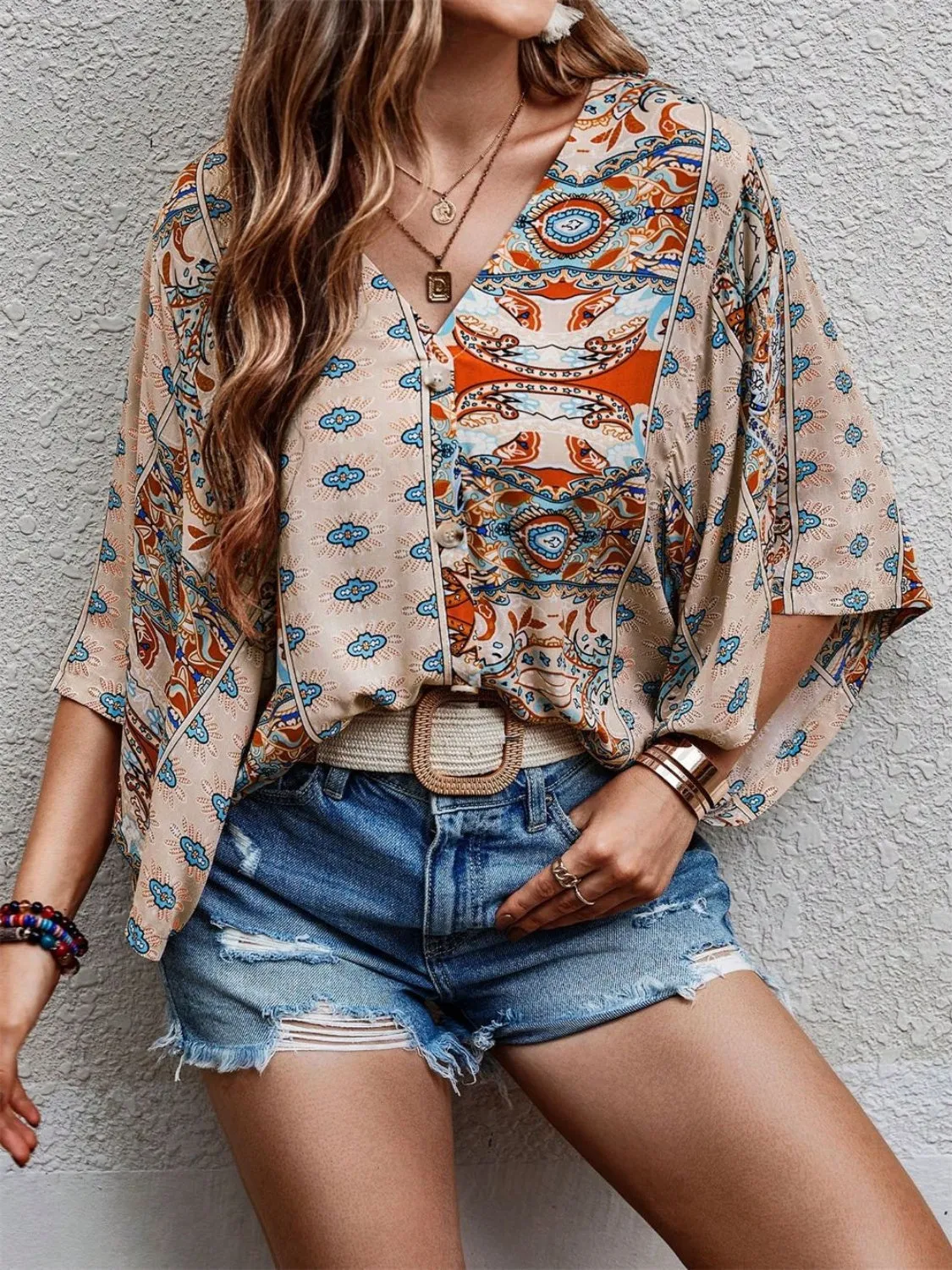 Printed V-Neck Three-Quarter Sleeve Blouse sold by Charming Charlie product image thumbnail 4