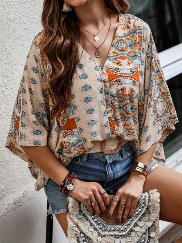 Printed V-Neck Three-Quarter Sleeve Blouse sold by Charming Charlie