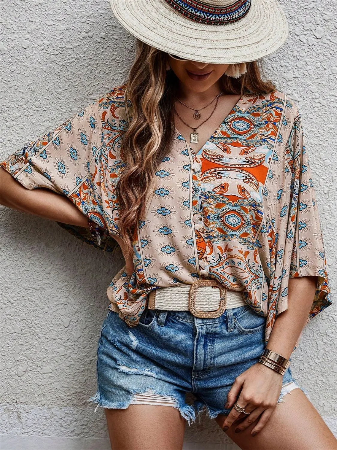Printed V-Neck Three-Quarter Sleeve Blouse sold by Charming Charlie product image thumbnail 2