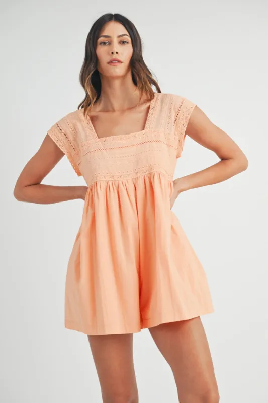 MABLE Square Neck Lace Trim Romper sold by Charming Charlie