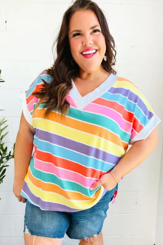 Sieze The Day Rainbow Striped V Neck Drop Shoulder Thermal Knit Top sold by Charming Charlie