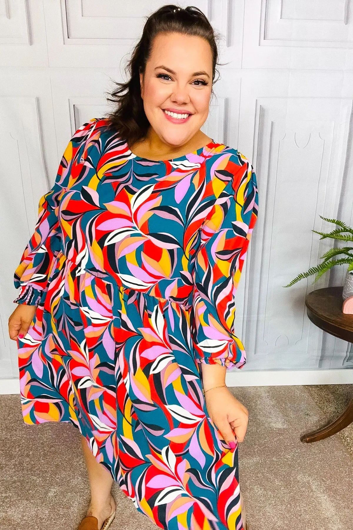 Perfectly You Teal Abstract Smocked Bubble Sleeve Dress sold by Charming Charlie product image thumbnail 4