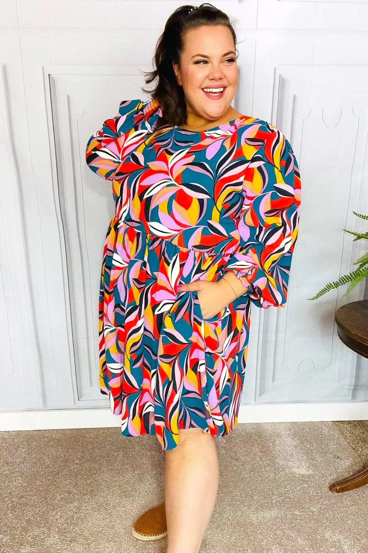 Perfectly You Teal Abstract Smocked Bubble Sleeve Dress sold by Charming Charlie product image thumbnail 5