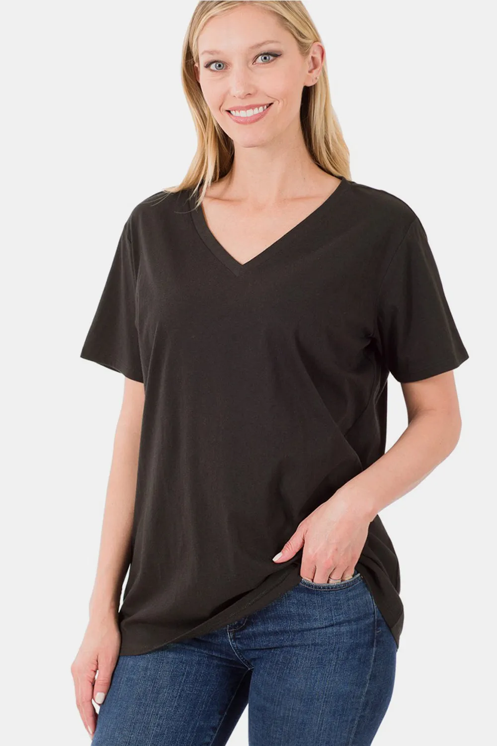 Zenana Full Size V-Neck Short Sleeve T-Shirt sold by Charming Charlie