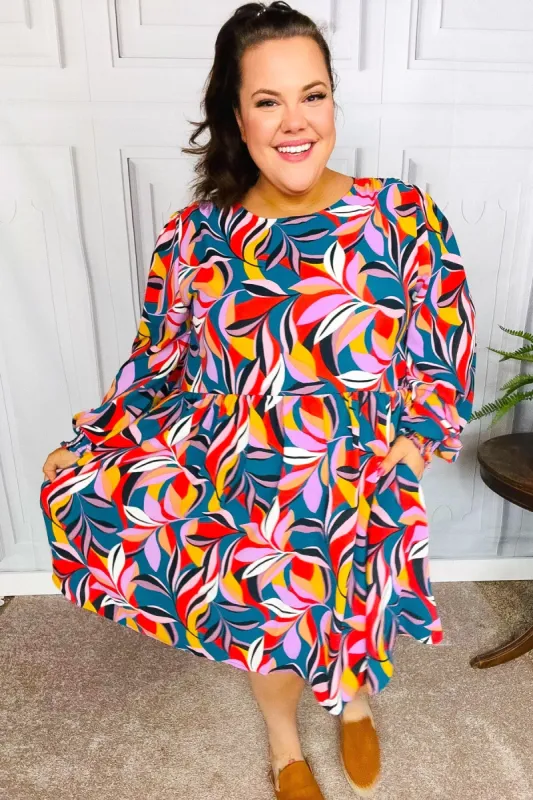 Perfectly You Teal Abstract Smocked Bubble Sleeve Dress sold by Charming Charlie