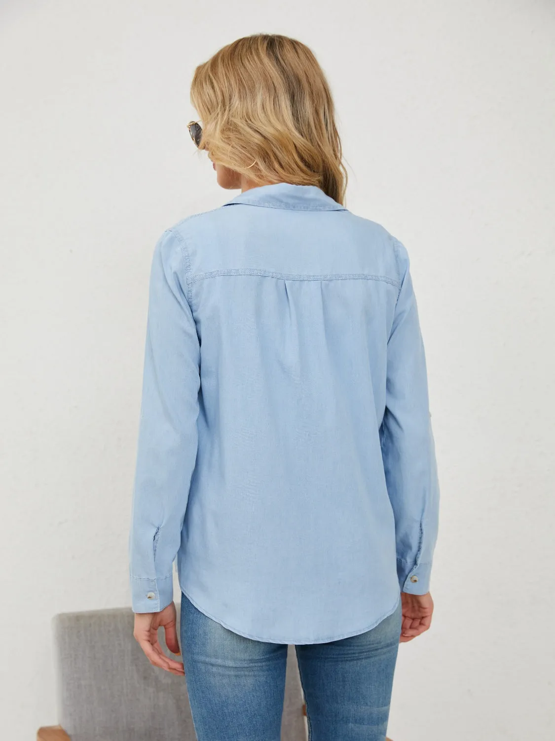 Pocketed Button Up Long Sleeve Denim Shirt sold by Charming Charlie product image thumbnail 2