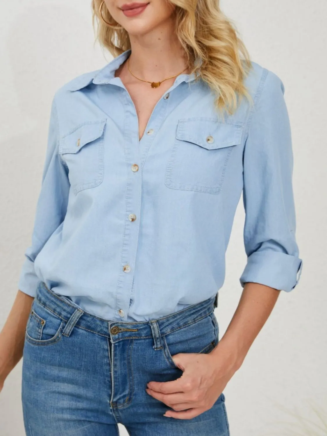 Pocketed Button Up Long Sleeve Denim Shirt sold by Charming Charlie product image thumbnail 3