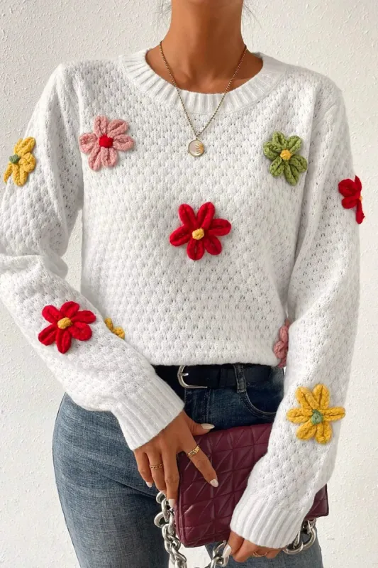Crochet Flower Round Neck Sweater sold by Charming Charlie