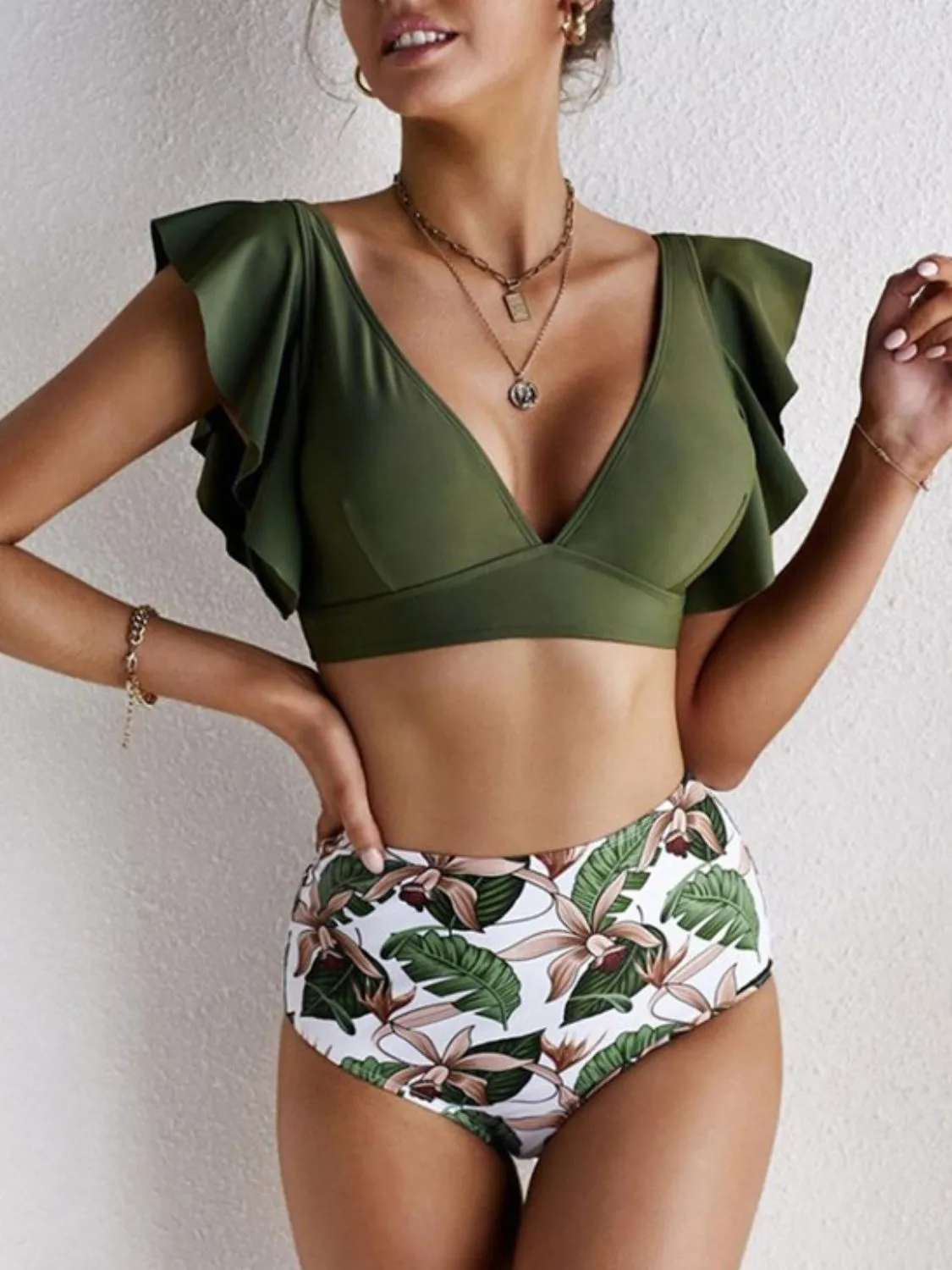 Ruffled Printed V-Neck Two-Piece Swim Set sold by Charming Charlie