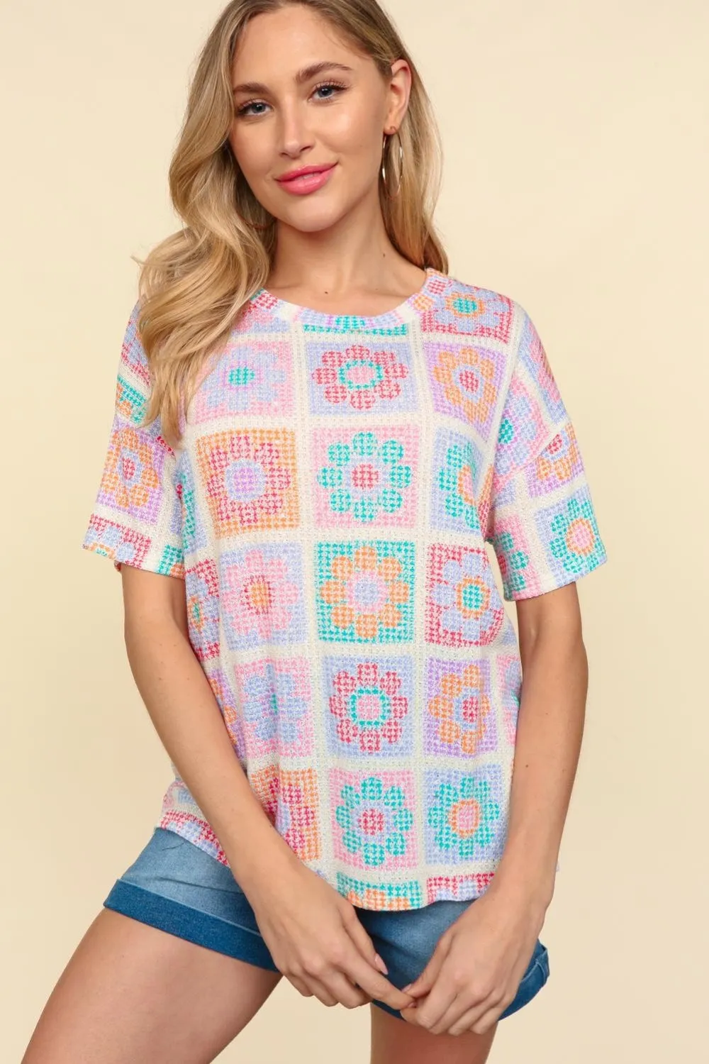 Haptics Flower Print Round Neck Short Sleeve T-Shirt sold by Charming Charlie