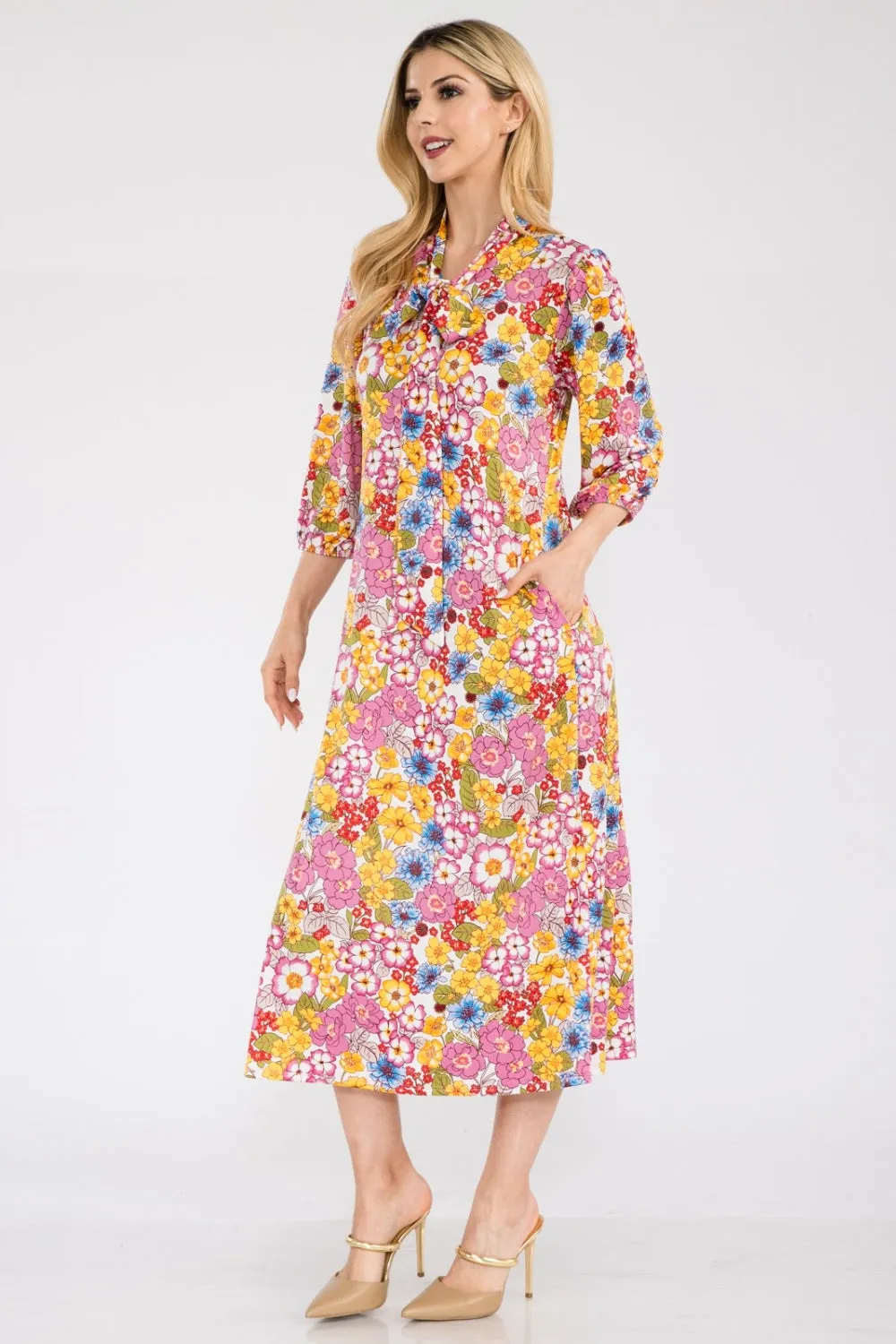 Celeste Full Size Floral Midi Dress with Bow Tied sold by Charming Charlie