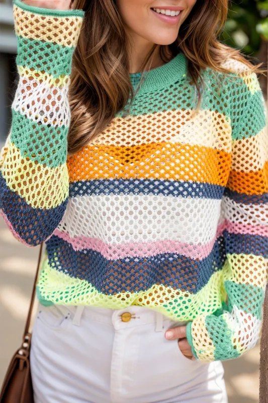 Openwork Color Block Round Neck Knit Top sold by Charming Charlie
