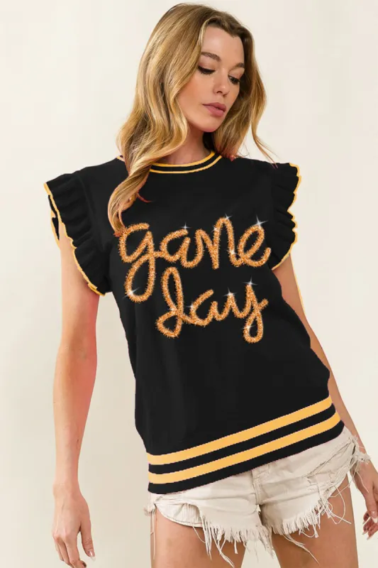 BiBi Game Day Letter Contrast Trim Ruffled Sleeveless Sweater made by Charming Charlie