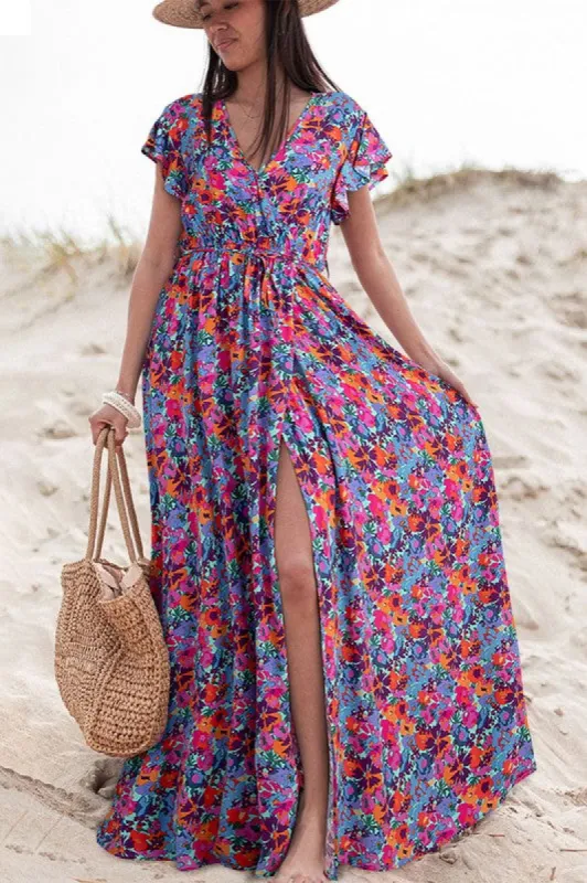Women Floral Print V Neck Wrap Split Maxi Dress sold by Charming Charlie