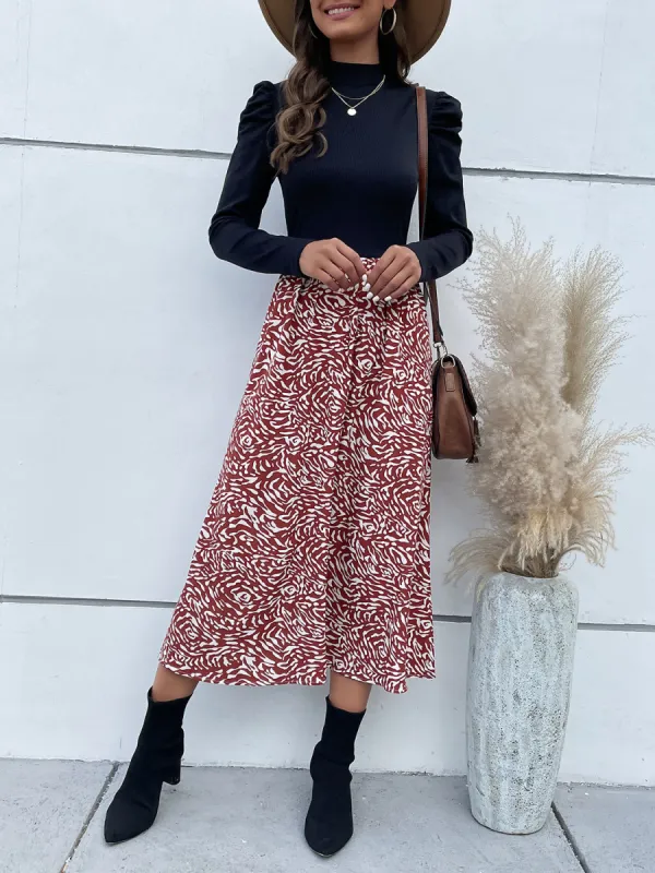 Printed Mock Neck Puff Sleeve Midi Dress sold by Charming Charlie