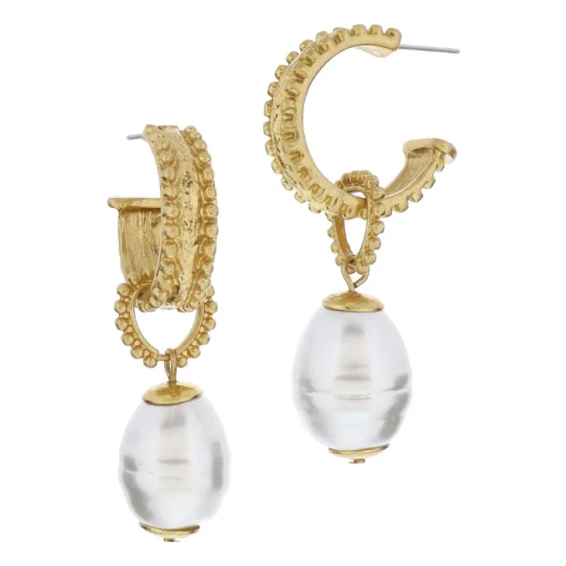Gold Textured and Studded Edge Wide Hoop with Chunky Pearl Drop Earrings, 2.25" Top to Bottom sold by Charming Charlie
