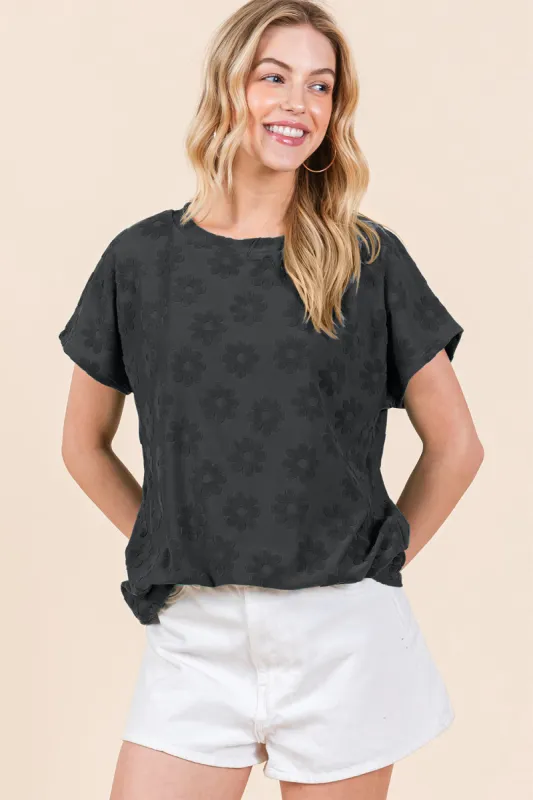 BOMBOM Textured Floral Pattern Short Sleeve T-Shirt sold by Charming Charlie