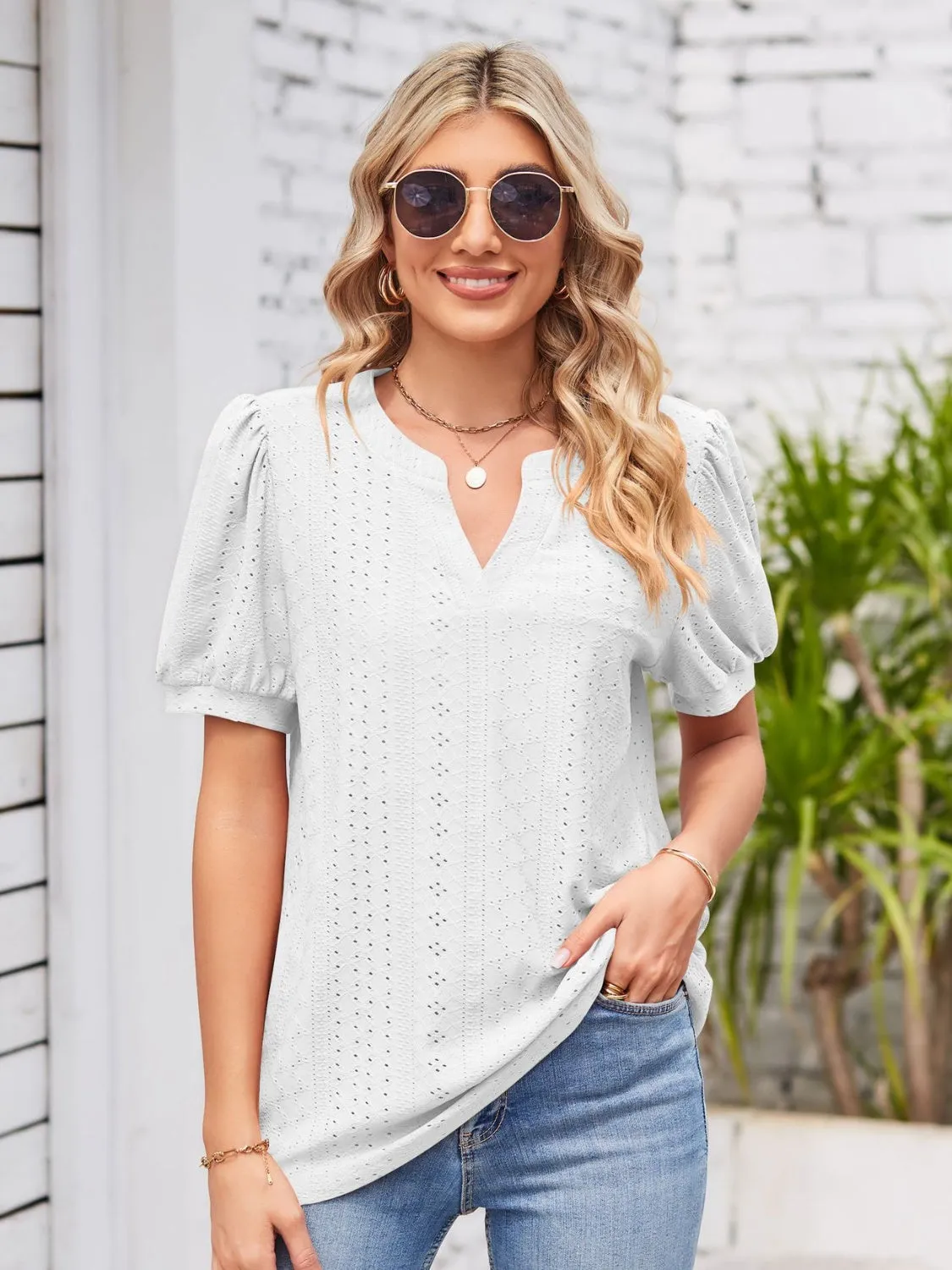 Eyelet Notched Short Sleeve Blouse sold by Charming Charlie product image thumbnail 4