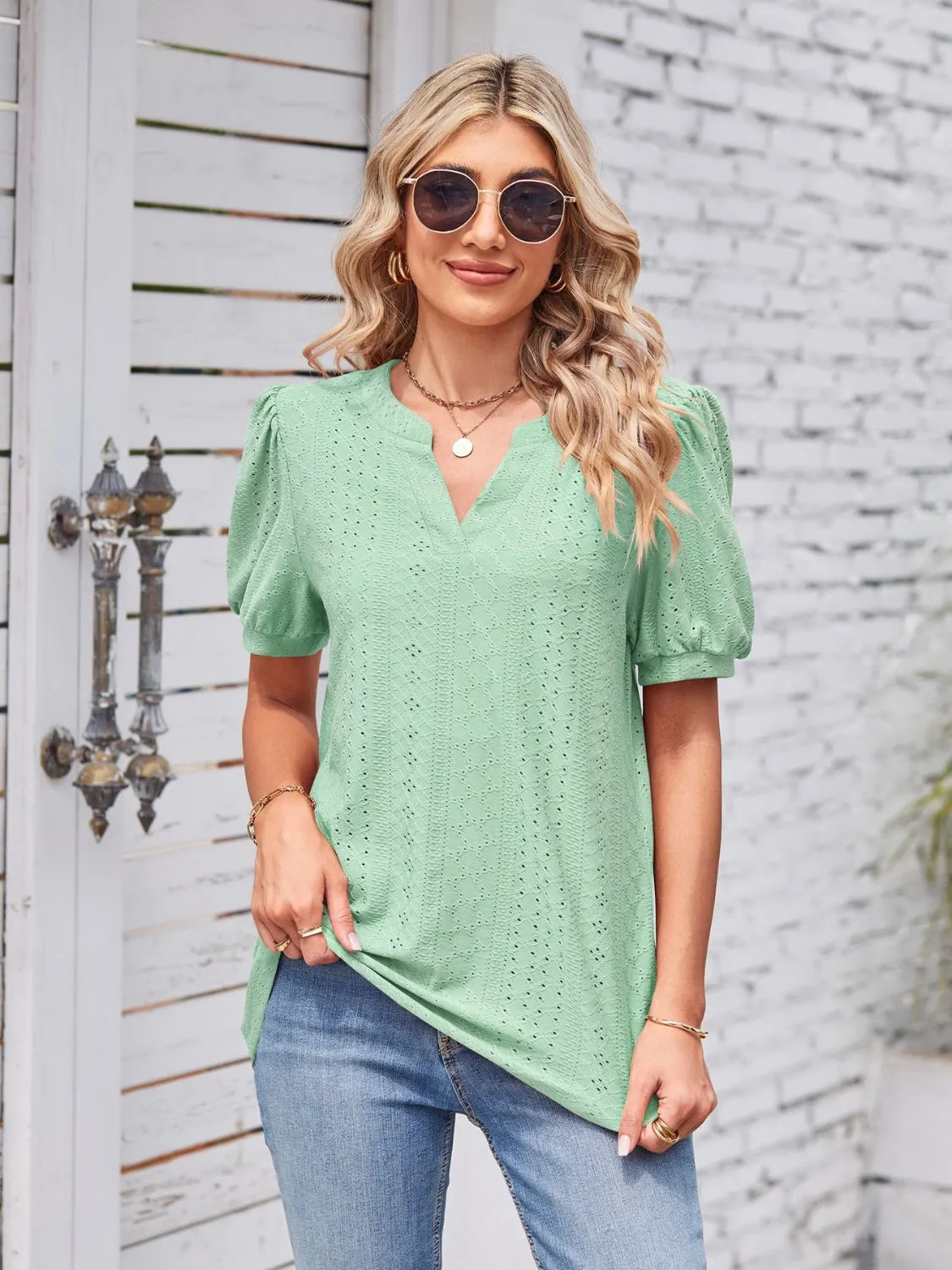 Eyelet Notched Short Sleeve Blouse sold by Charming Charlie