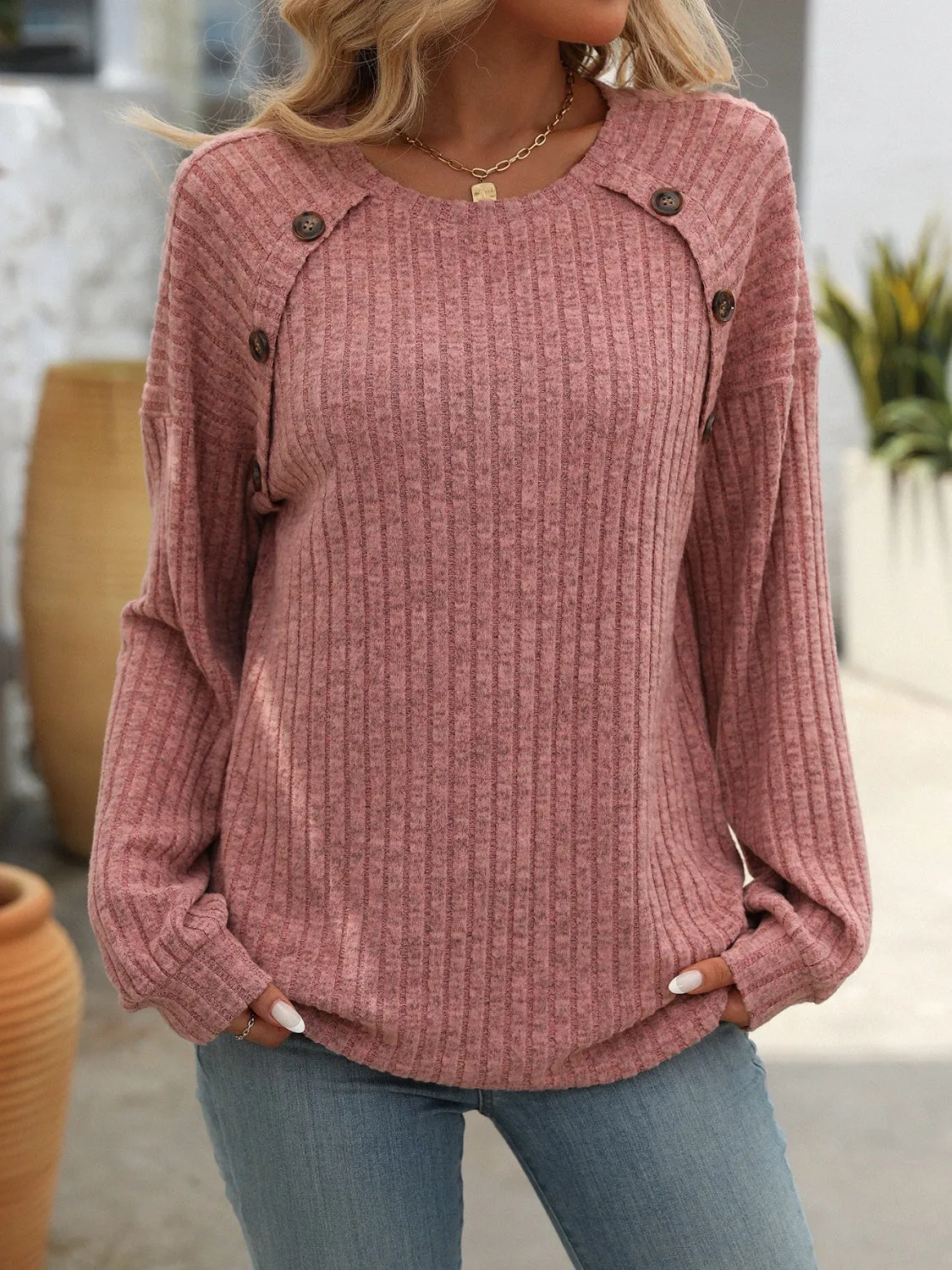 Decor Button Long Sleeve Ribbed T-Shirt sold by Charming Charlie product image thumbnail 3
