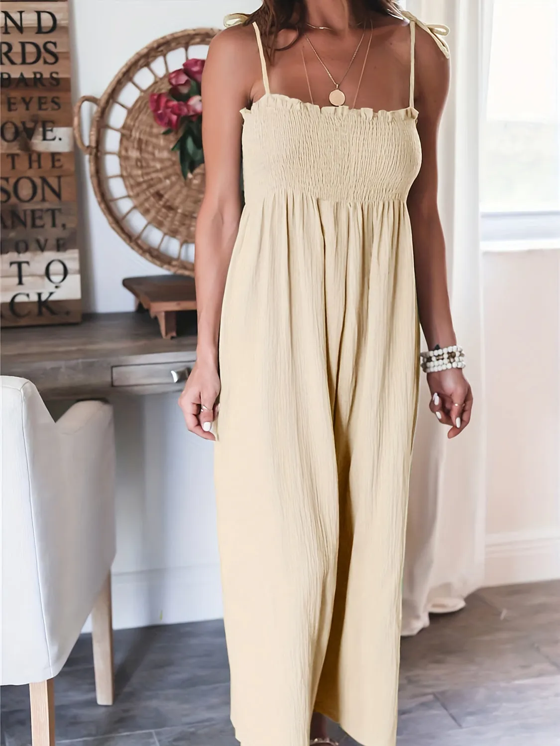 Full Size Smocked Spaghetti Strap Wide Leg Jumpsuit sold by Charming Charlie product image thumbnail 4