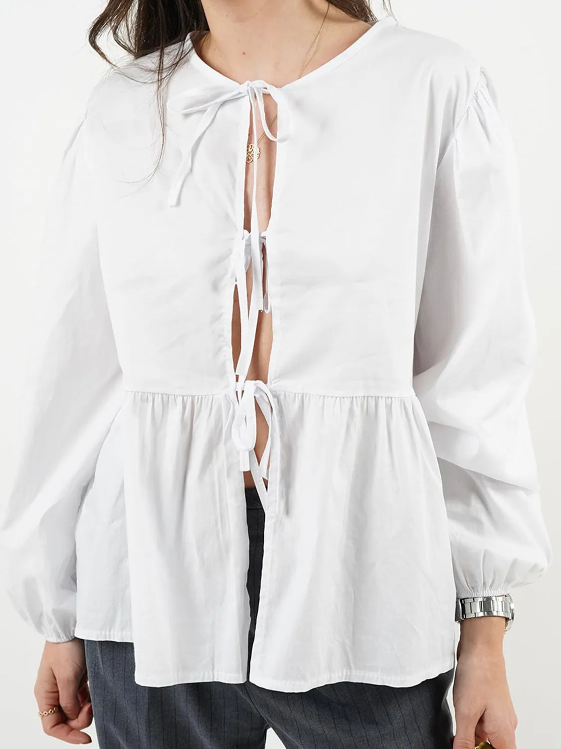 Tied Round Neck Long Sleeve Blouse sold by Charming Charlie