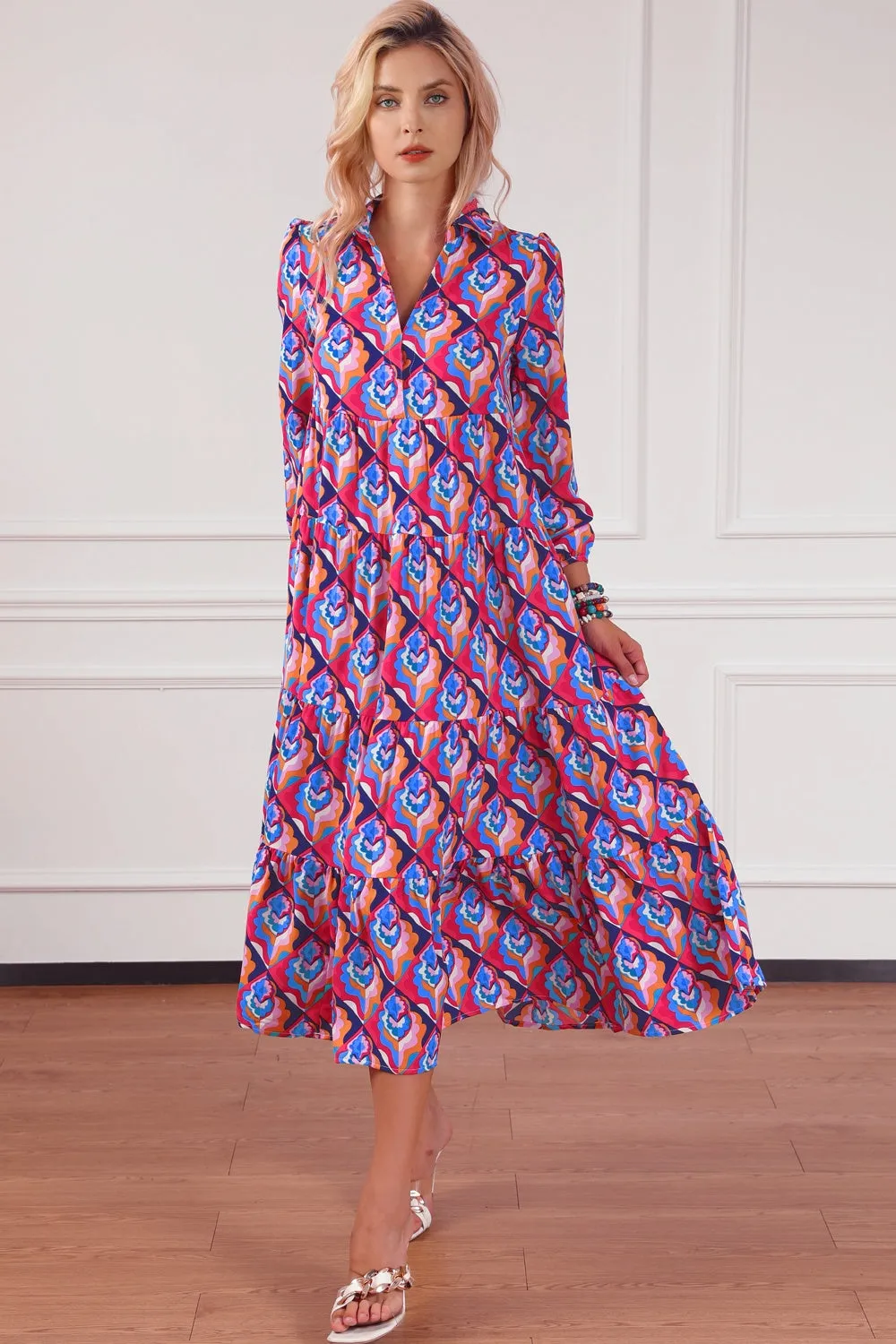 Printed Collared Neck Long Sleeve Midi Dress sold by Charming Charlie product image thumbnail 5