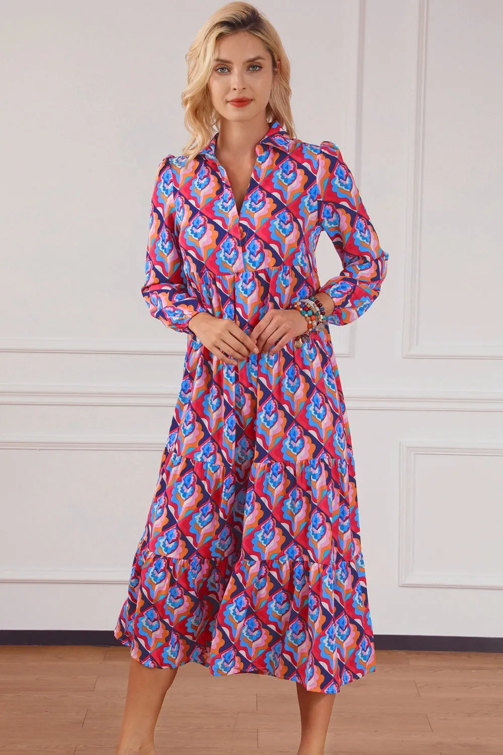 Printed Collared Neck Long Sleeve Midi Dress sold by Charming Charlie product image thumbnail 3