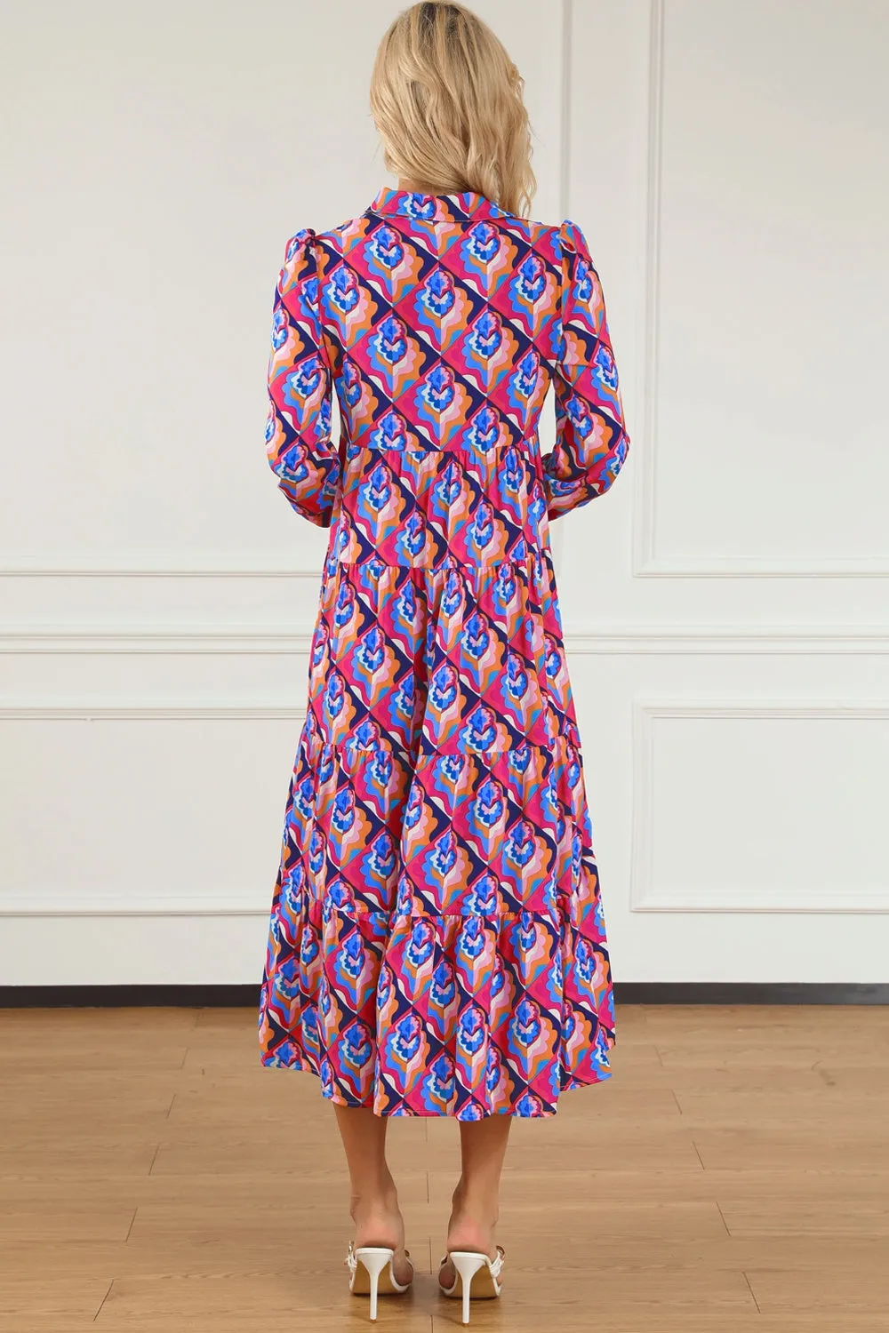 Printed Collared Neck Long Sleeve Midi Dress sold by Charming Charlie product image thumbnail 4