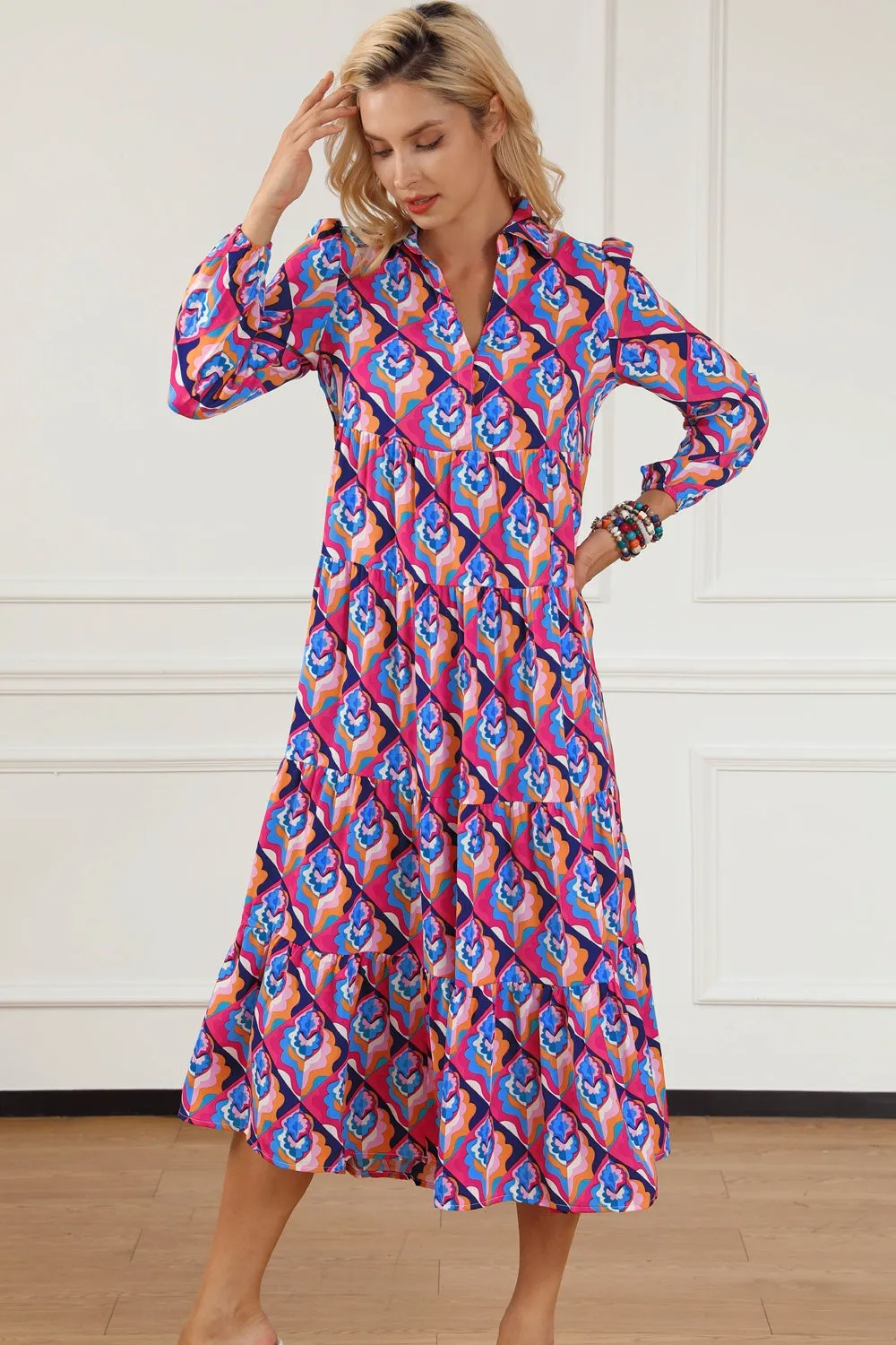 Printed Collared Neck Long Sleeve Midi Dress sold by Charming Charlie