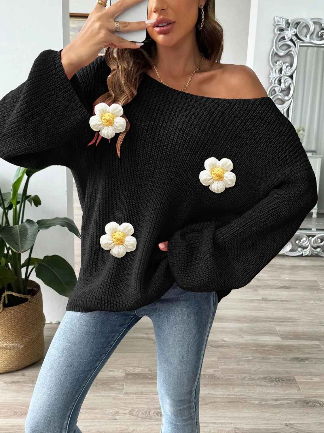 Flower Round Neck Long Sleeve Sweater sold by Charming Charlie product image thumbnail 3