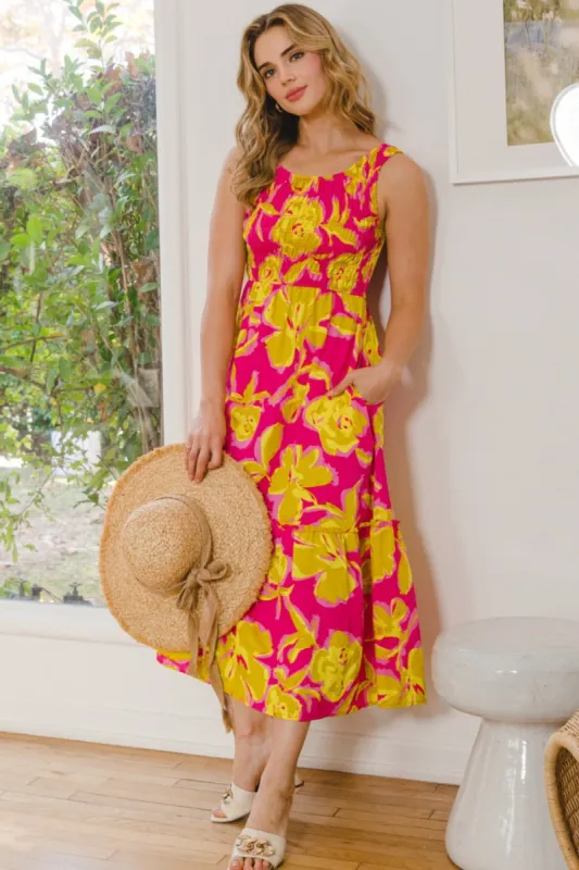 ODDI Full Size Floral Smocked Ruffled Midi Dress sold by Charming Charlie
