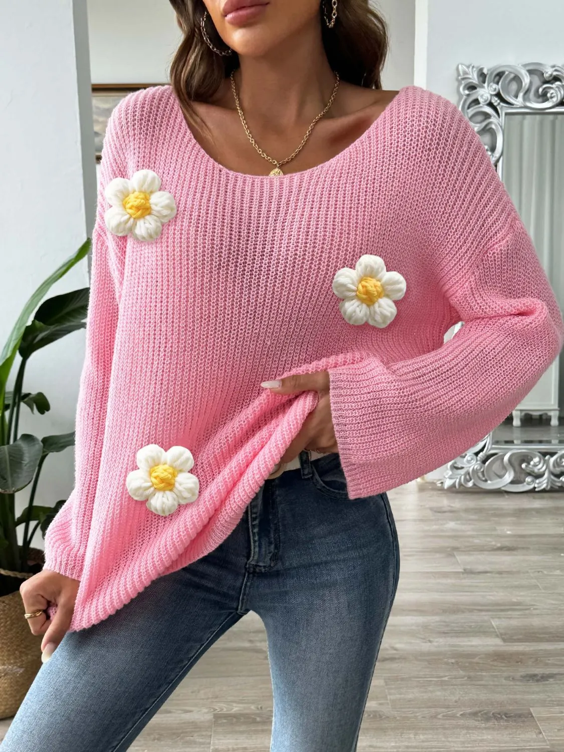 Flower Round Neck Long Sleeve Sweater sold by Charming Charlie product image thumbnail 4