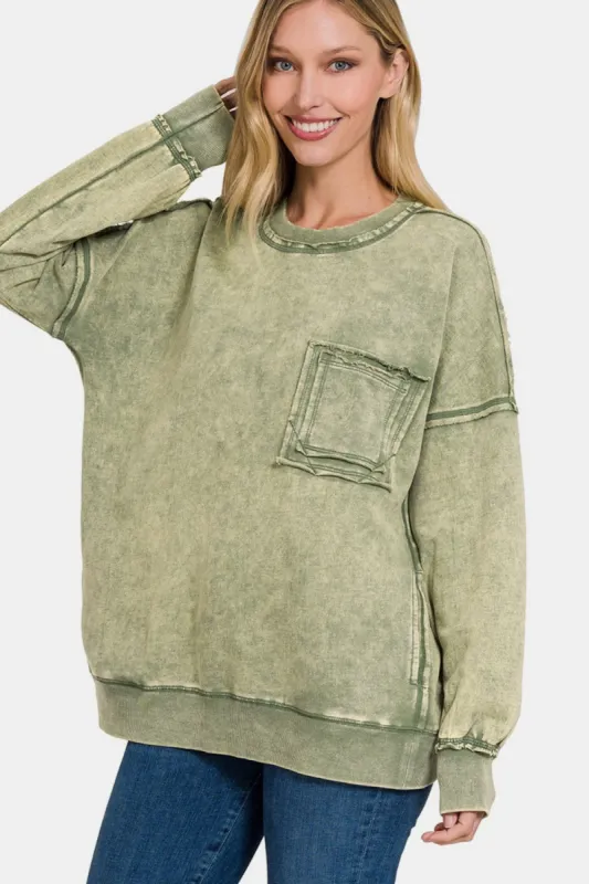 Zenana Exposed Seam Round Neck Dropped Shoulder Sweatshirt sold by Charming Charlie