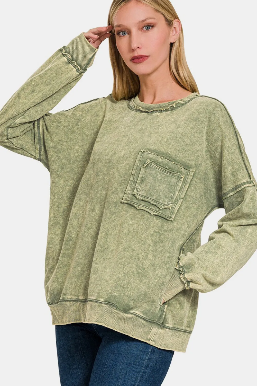 Zenana Exposed Seam Round Neck Dropped Shoulder Sweatshirt sold by Charming Charlie product image thumbnail 2