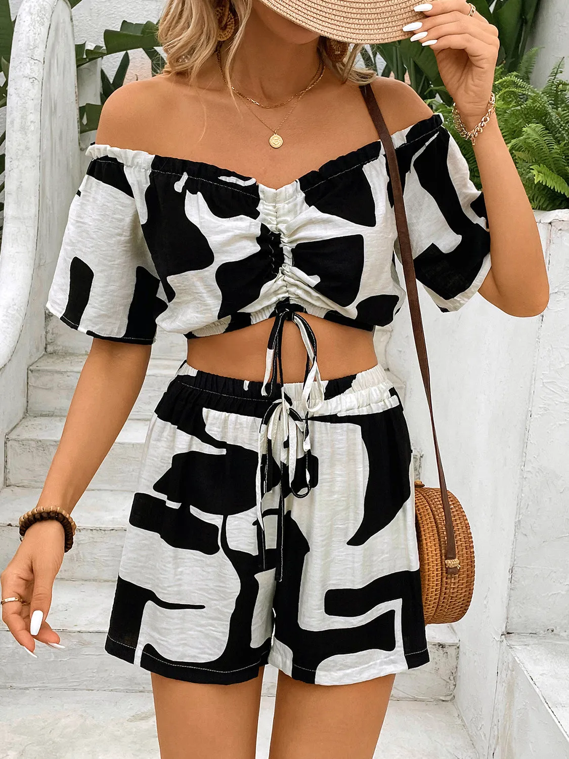 Drawstring Off-Shoulder Top and Shorts Set sold by Charming Charlie