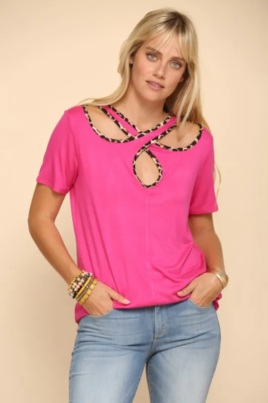 Celeste Full Size Crisscross Cutout Leopard Contrast Trim T-Shirt sold by Charming Charlie