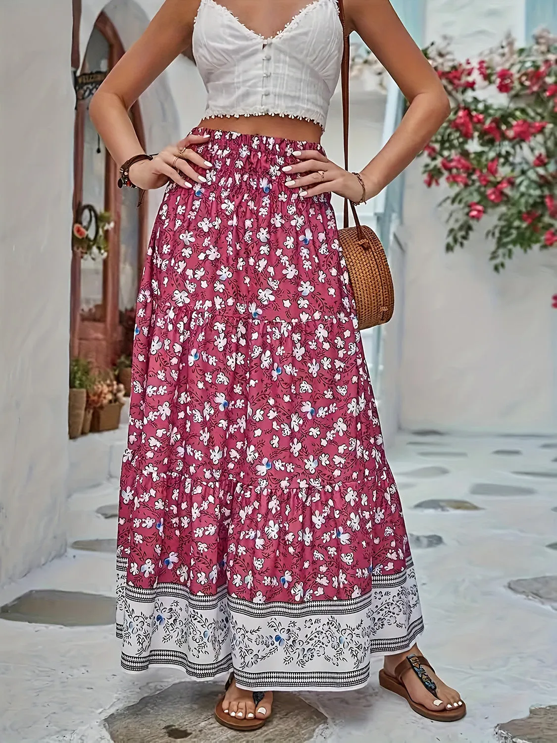 Full Size Tiered Printed Elastic Waist Skirt sold by Charming Charlie