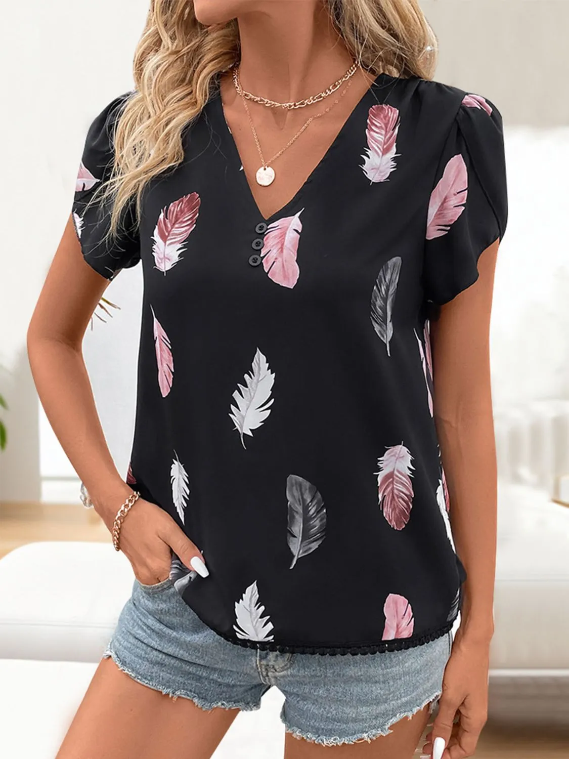 Printed V-Neck Short Sleeve Blouse sold by Charming Charlie
