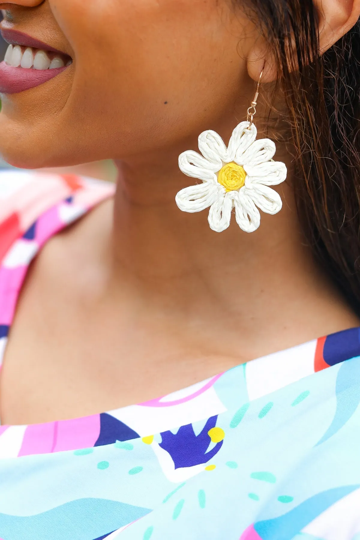 Ivory Daisy Flower Straw Dangle Earrings sold by Charming Charlie product image thumbnail 3