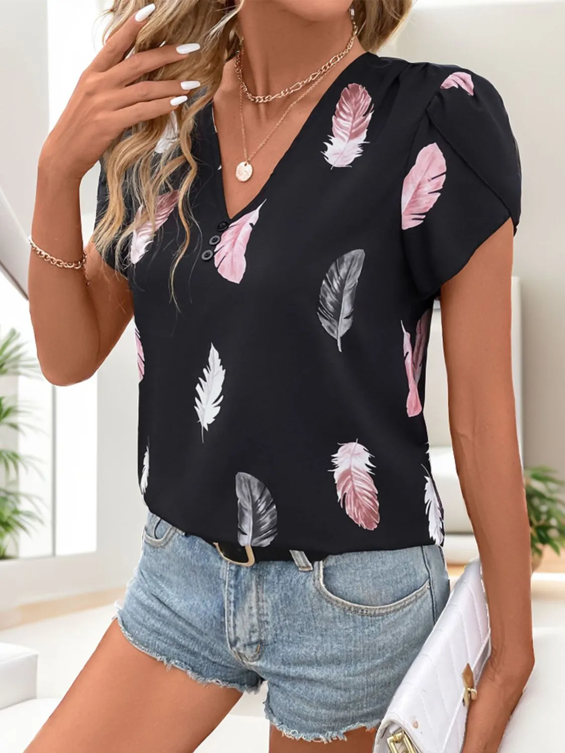 Printed V-Neck Short Sleeve Blouse sold by Charming Charlie product image thumbnail 5