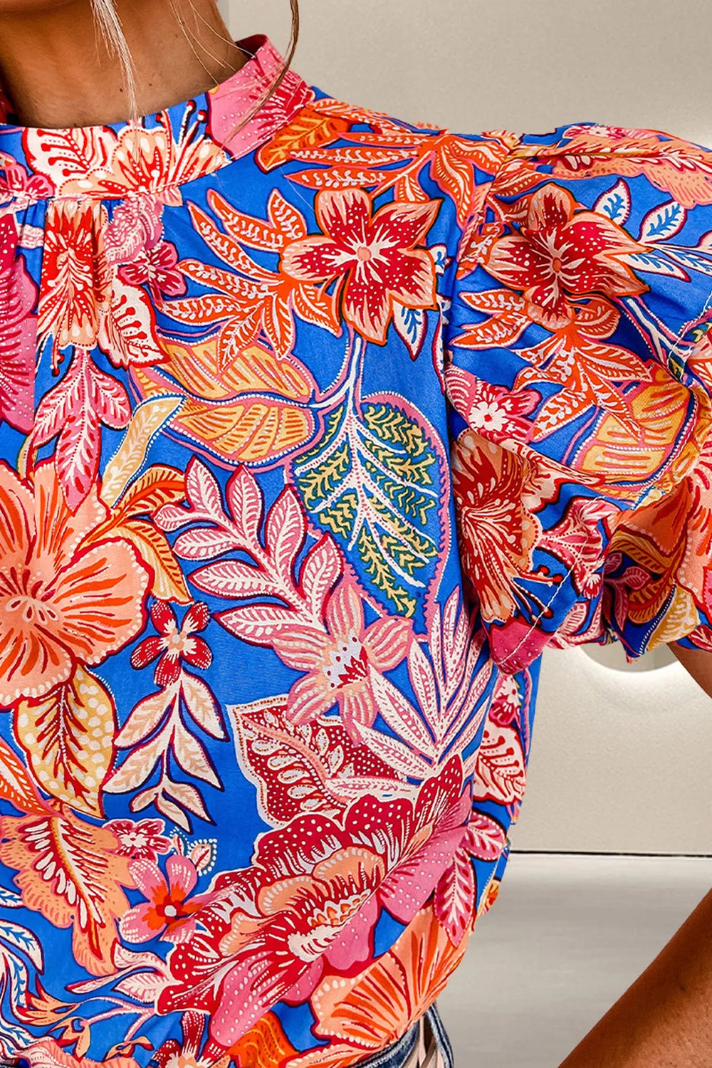 Ruffled Printed Mock Neck Short Sleeve Blouse sold by Charming Charlie product image thumbnail 3