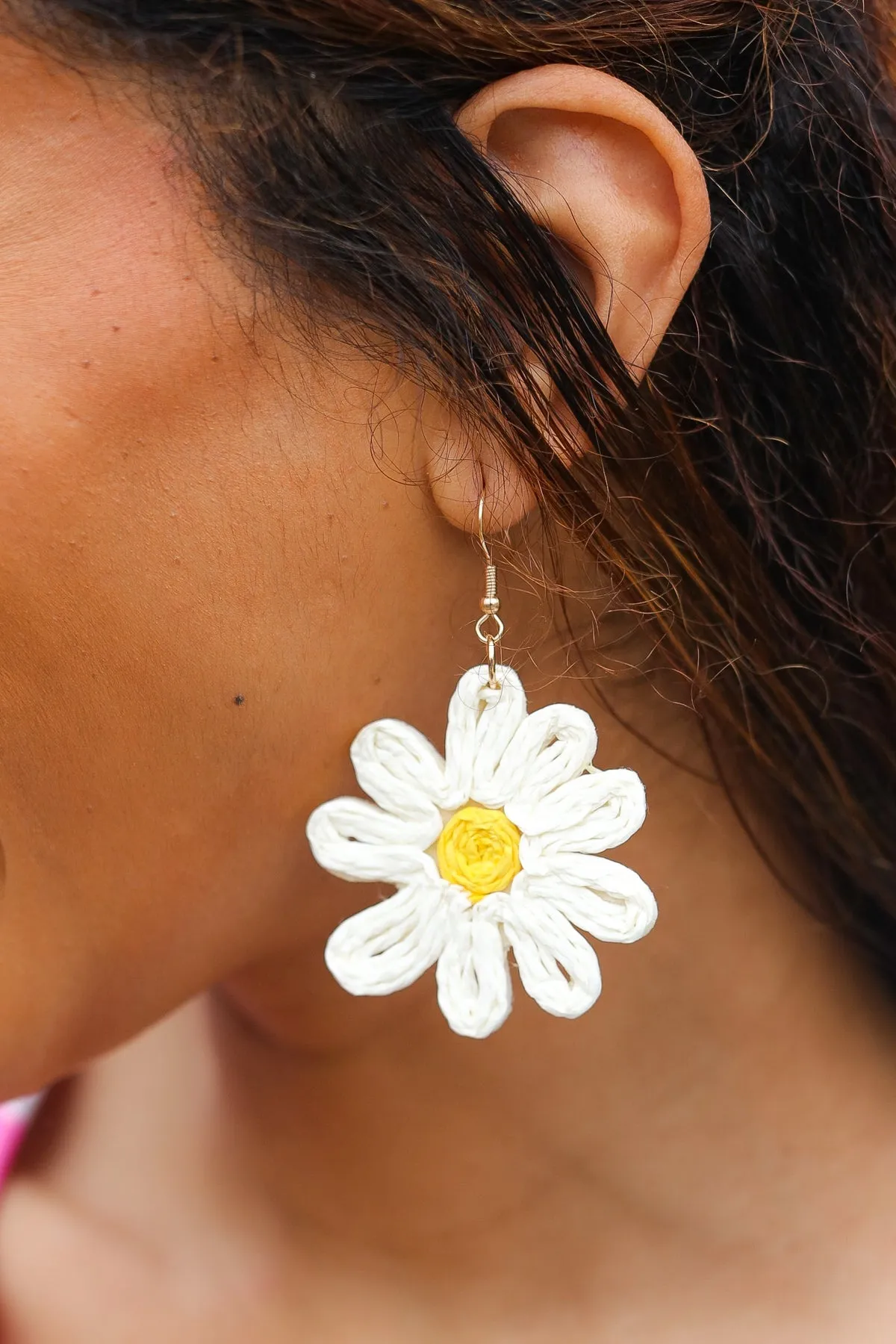 Ivory Daisy Flower Straw Dangle Earrings sold by Charming Charlie