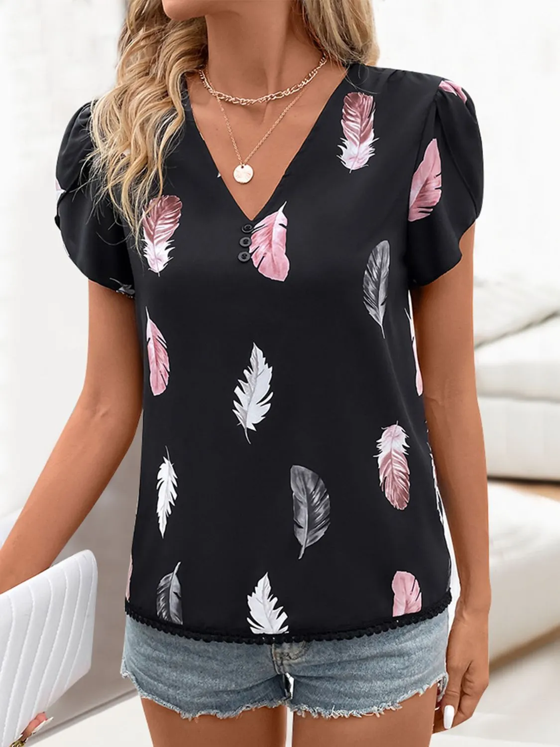 Printed V-Neck Short Sleeve Blouse sold by Charming Charlie product image thumbnail 3