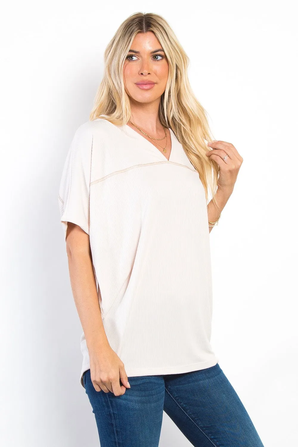 Be Stage Full Size V-Neck Short Sleeve Ribbed Top sold by Charming Charlie product image thumbnail 3