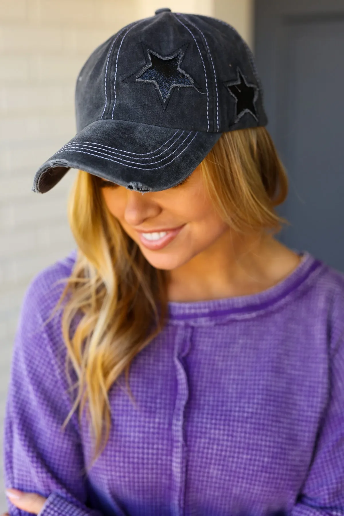 Charcoal Glitter Star Distressed Baseball Cap sold by Charming Charlie