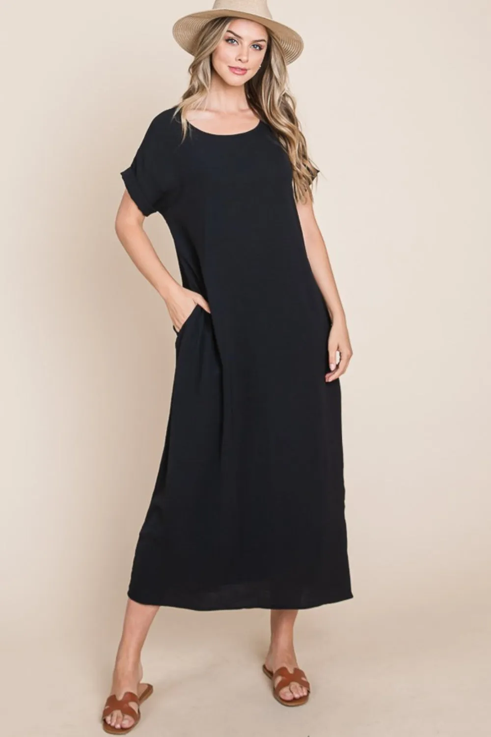 BOMBOM Round Neck Short Sleeve Midi Dress with Pockets sold by Charming Charlie product image thumbnail 3