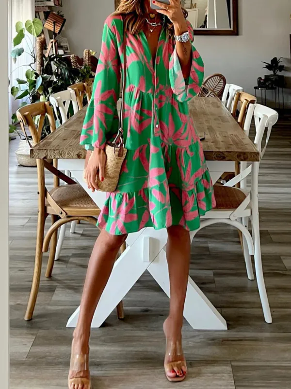 Printed Notched Long Sleeve Mini Dress sold by Charming Charlie